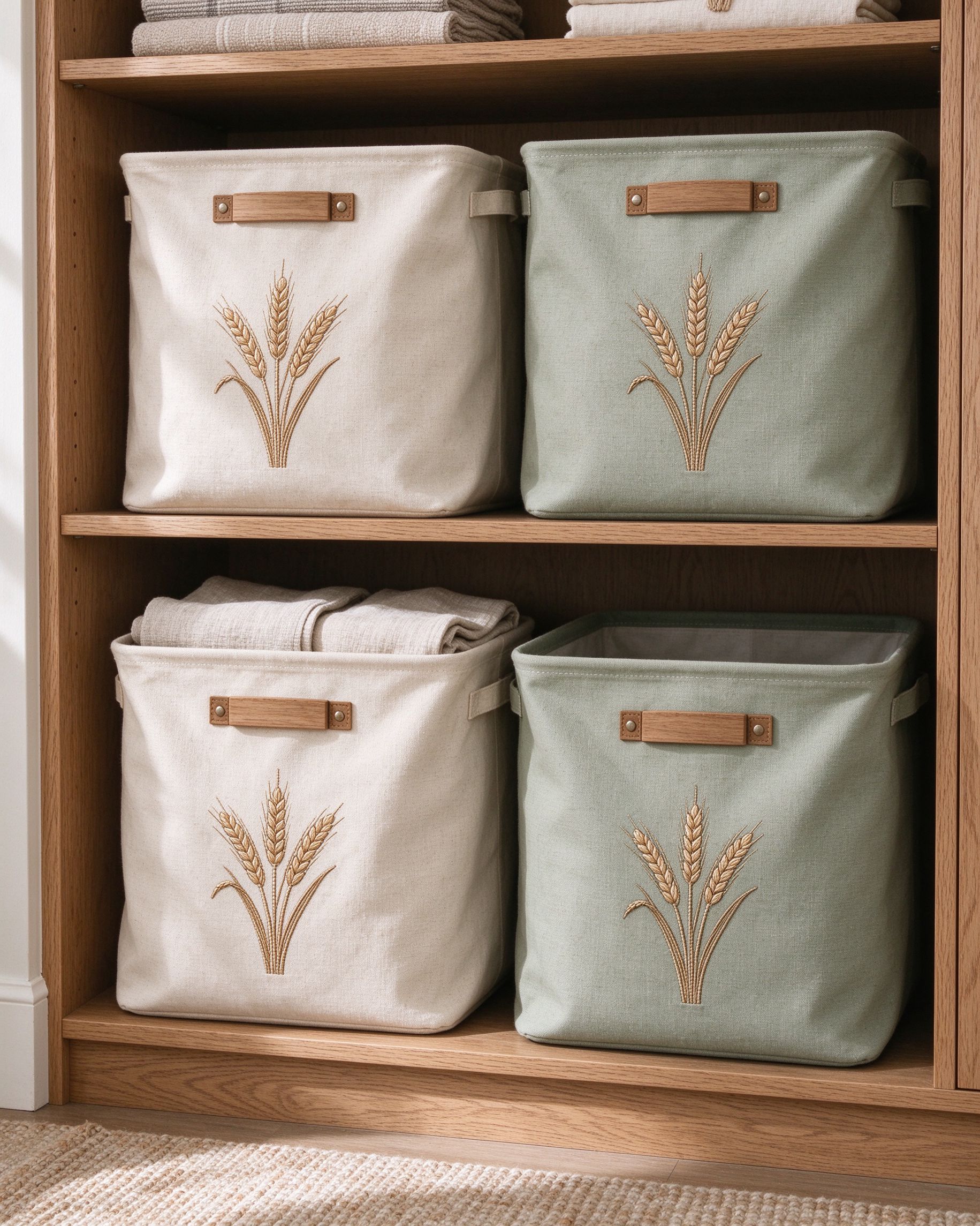 Lauchey canvas storage bins on open oak shelving
